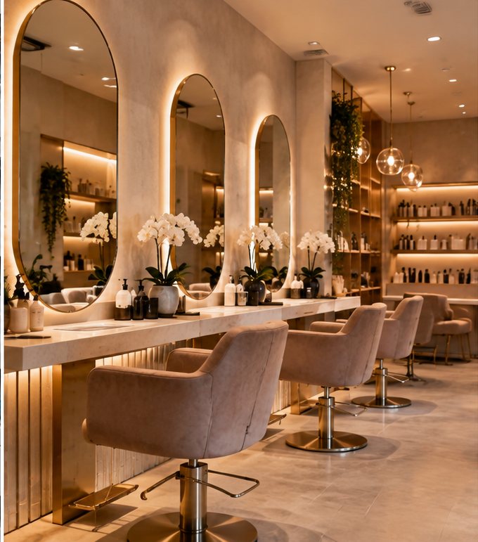 Warm, beautifully styled beauty studio interior with mirrors and salon chairs